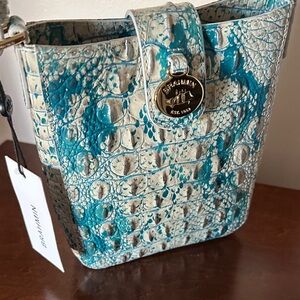 Brahmin Teal and Cream Croc-Embossed Crossbody Bag